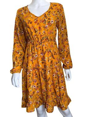 Indigo Soul Dress Womens S Yellow Floral Long Sleeve Tiered Midi